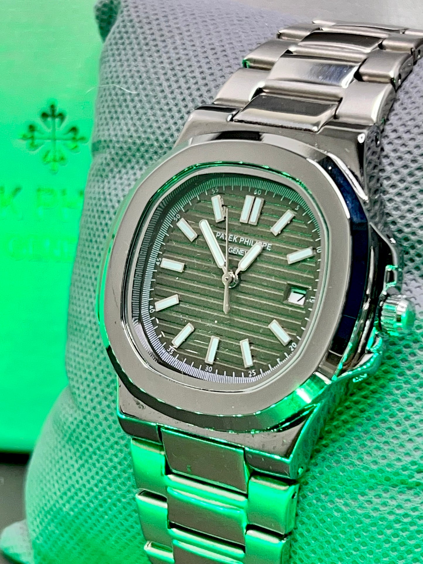 Patek Philippe Nautilus - Olive Green Dial | Silver Chain