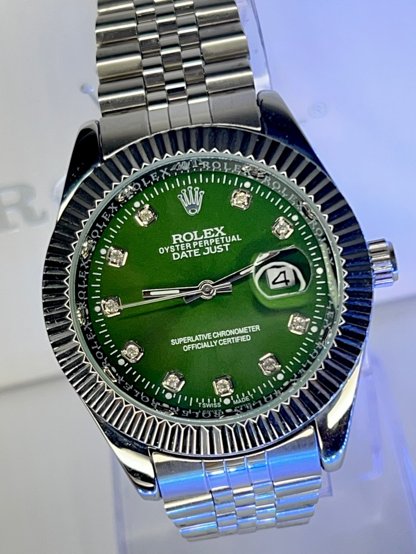 Rolex Datejust – Green Diamond Dial | Silver Bezel | Silver Chain