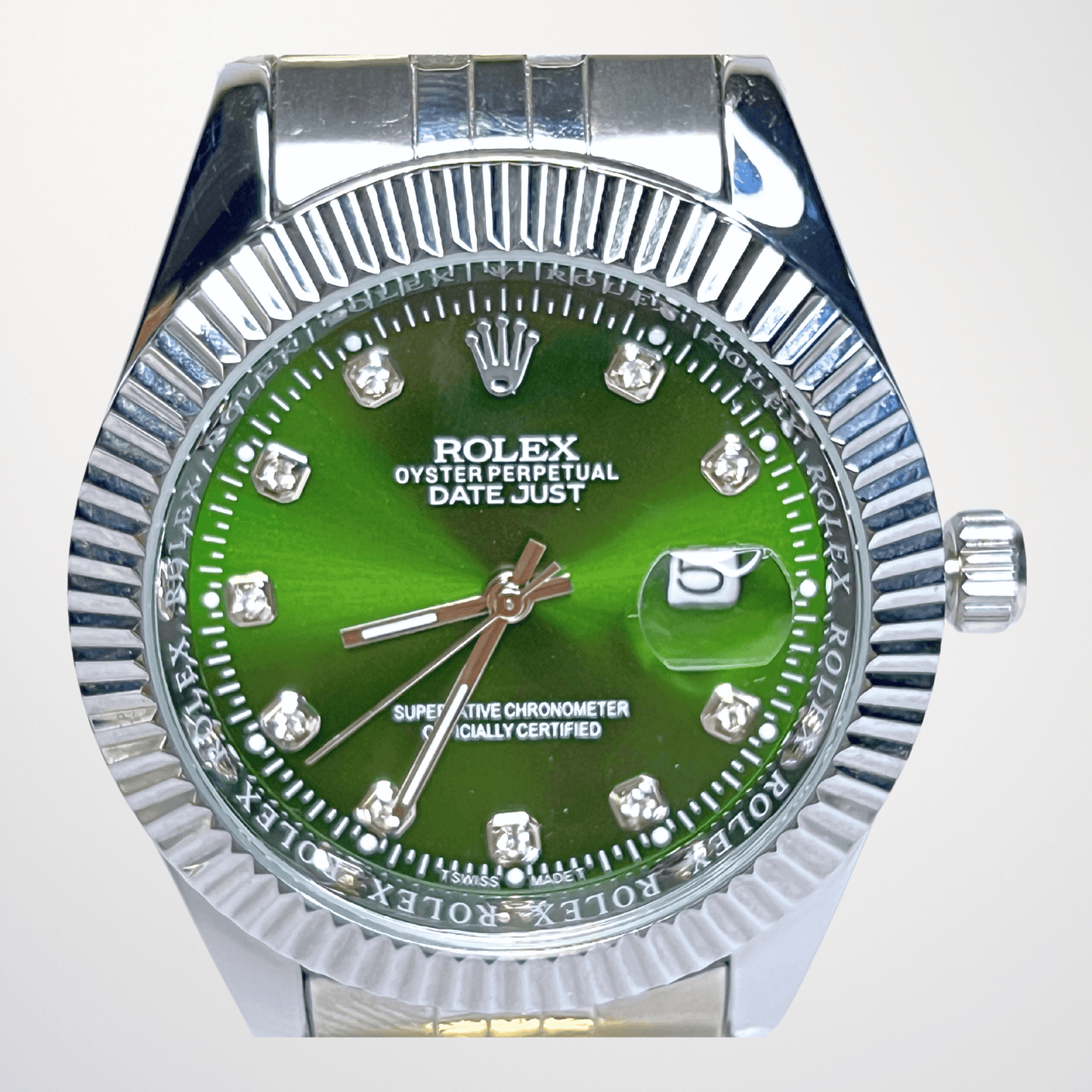 Rolex Datejust – Green Diamond Dial | Silver Bezel | Silver Chain