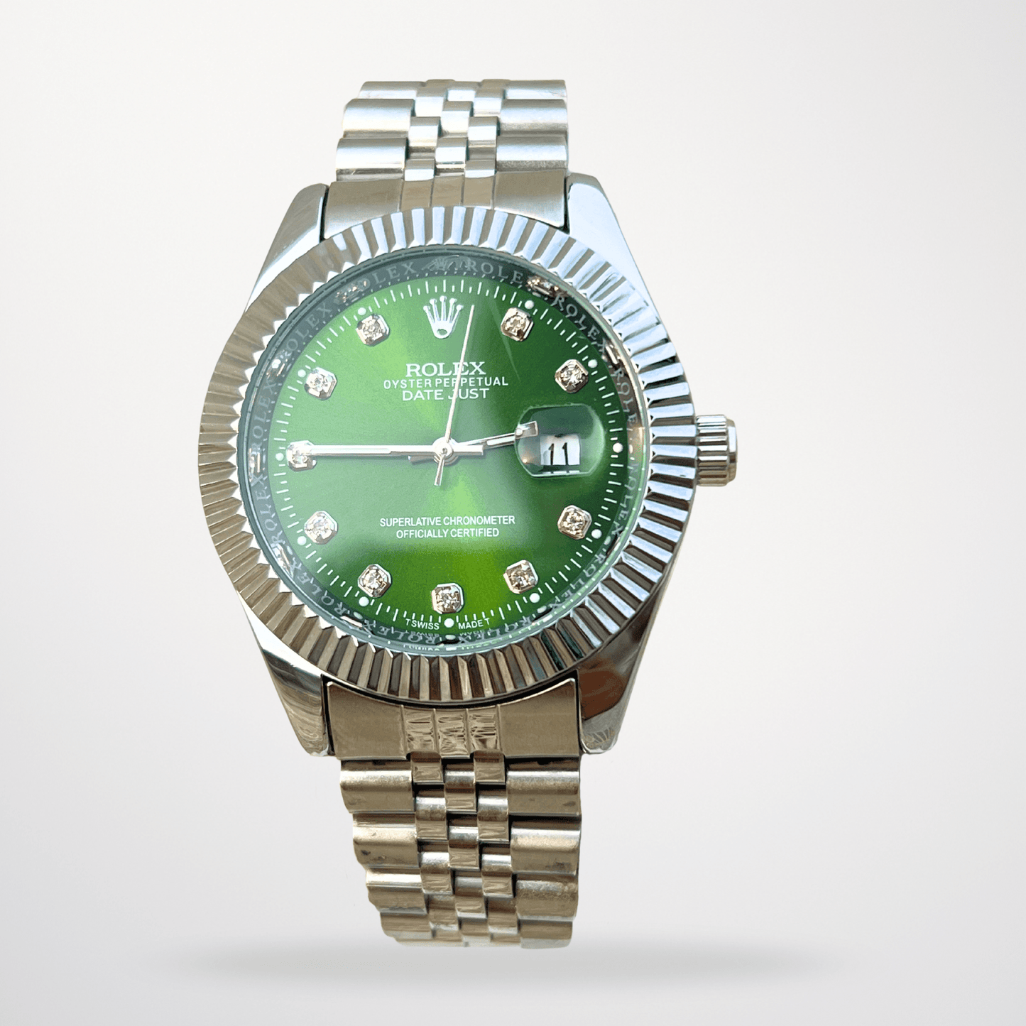 Rolex Datejust – Green Diamond Dial | Silver Bezel | Silver Chain