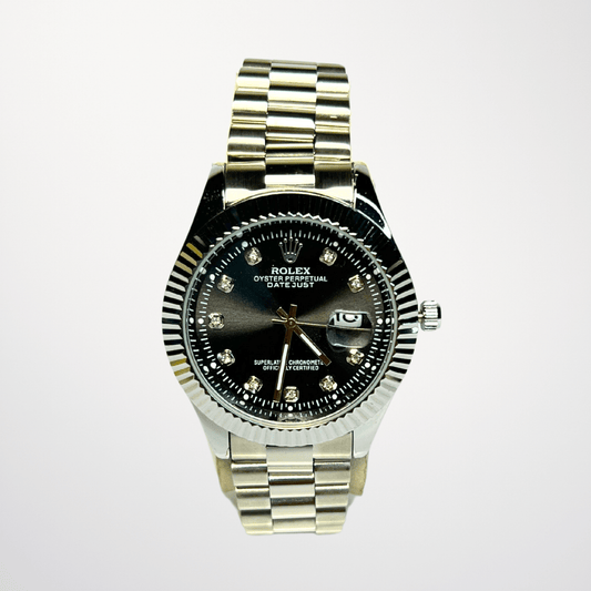 Rolex Datejust – Black Diamond Dial | Silver Bezel | Silver Chain