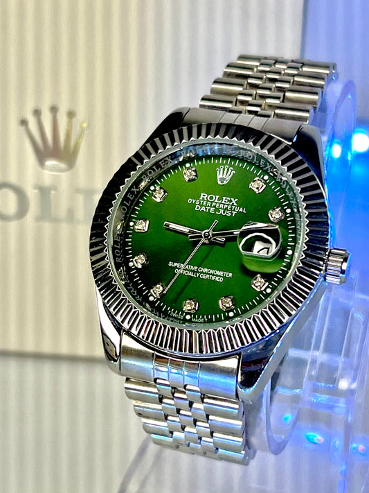 Rolex Datejust – Green Diamond Dial | Silver Bezel | Silver Chain