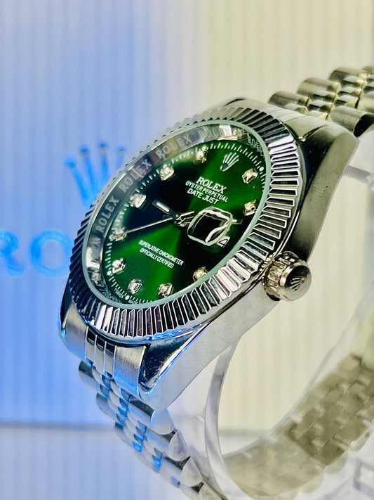 Rolex Datejust – Green Diamond Dial | Silver Bezel | Silver Chain