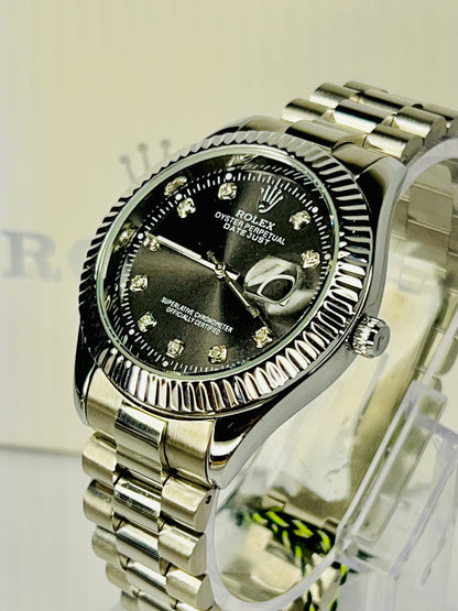 Rolex Datejust – Black Diamond Dial | Silver Bezel | Silver Chain
