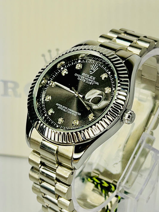 Rolex Datejust – Black Diamond Dial | Silver Bezel | Silver Chain
