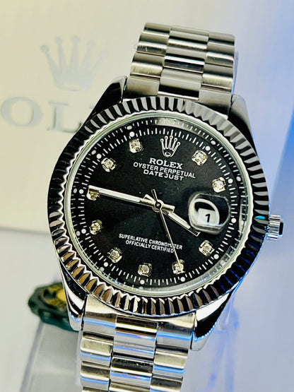 Rolex Datejust – Black Diamond Dial | Silver Bezel | Silver Chain