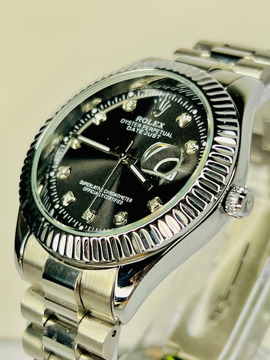 Rolex Datejust – Black Diamond Dial | Silver Bezel | Silver Chain