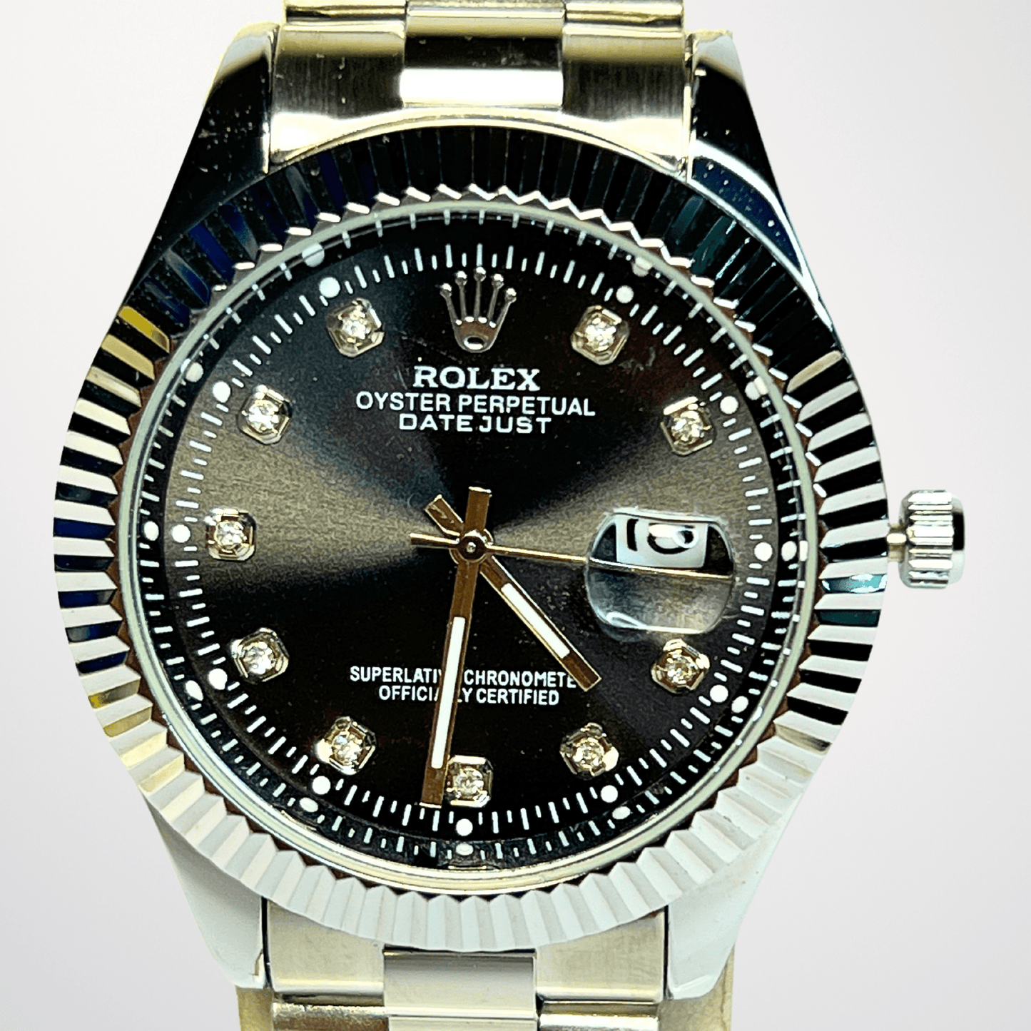 Rolex Datejust – Black Diamond Dial | Silver Bezel | Silver Chain