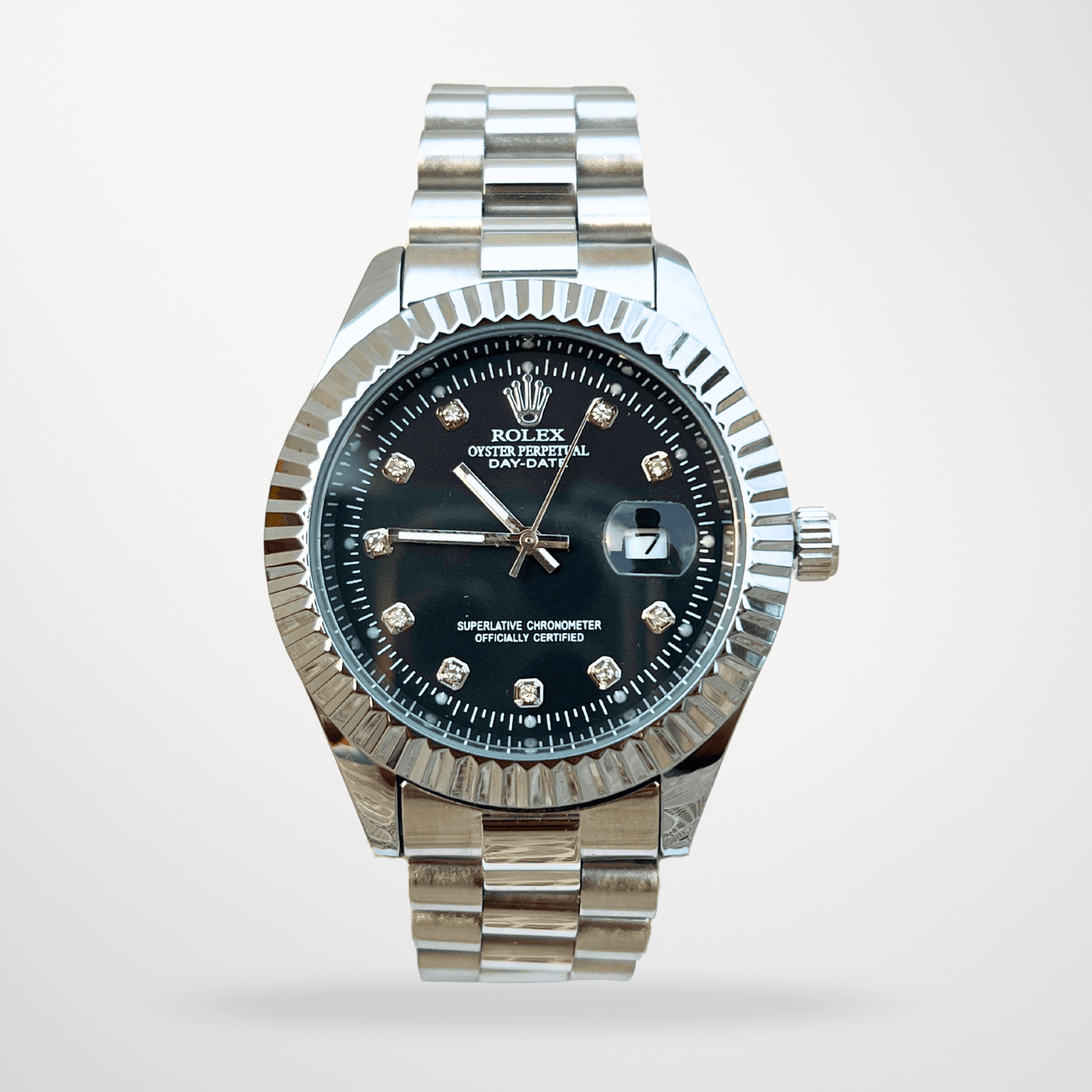 Rolex Datejust – Black Diamond Dial | Silver Bezel | Silver Chain